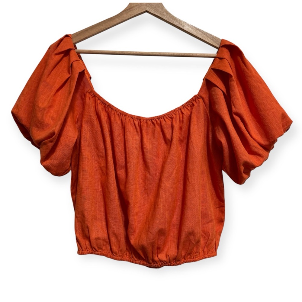 Umgee Puff Sleeve Linen Blend Cropped Peasant Top